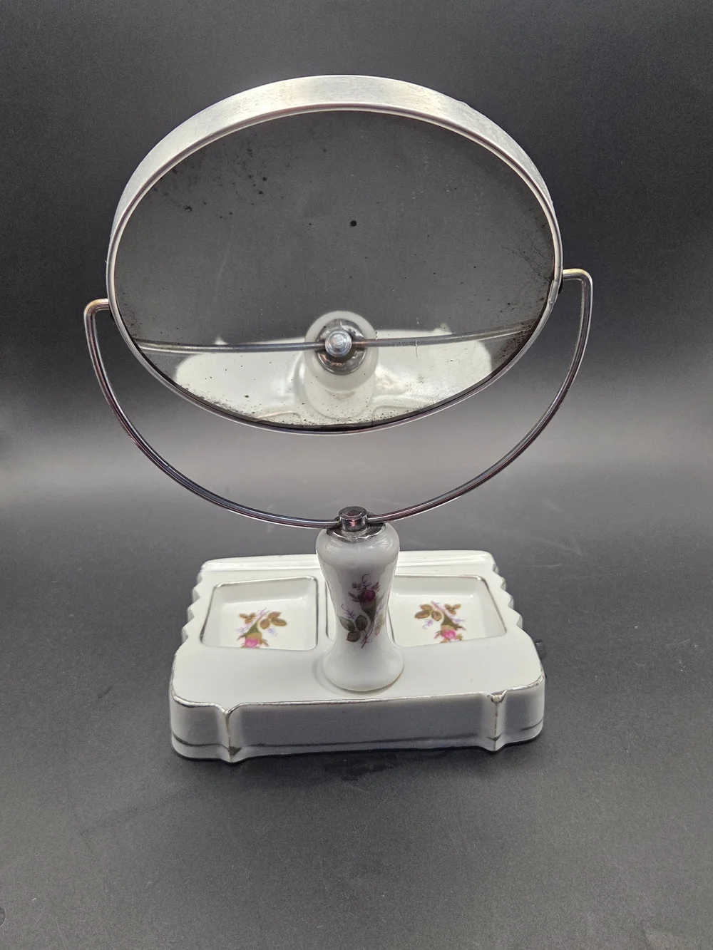 Vintage Porcelain Swivel Vanity Mirror with Floral Divided Trinket Tray